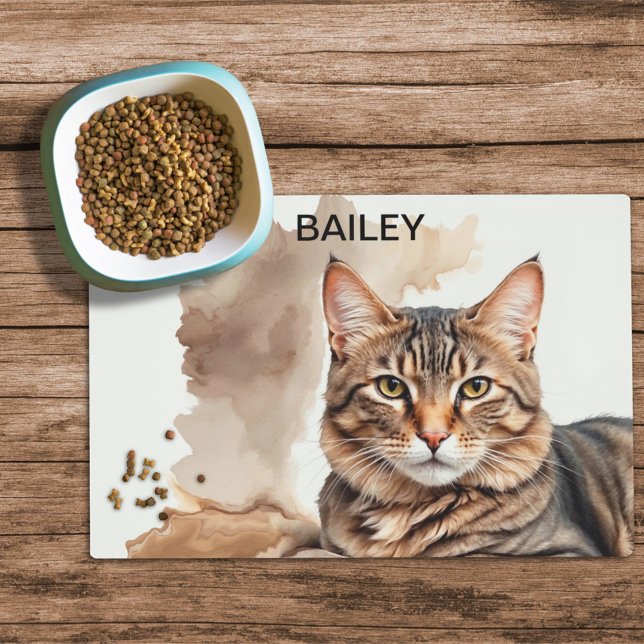 Watercolor Brown Tabby Custom Cat Food Mat (Creator Uploaded)