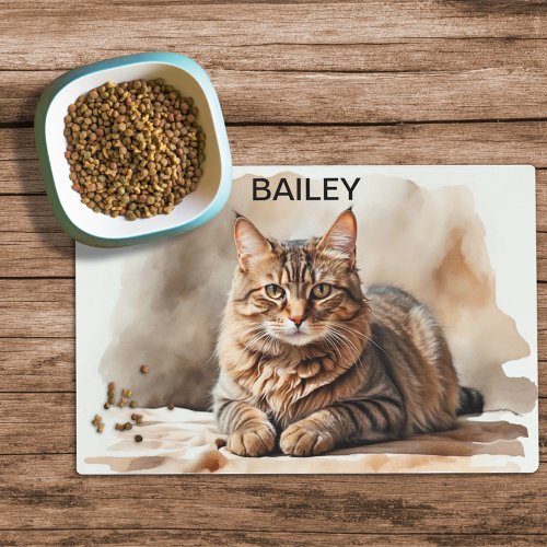 Watercolor Brown Tabby Custom Cat Food Mat