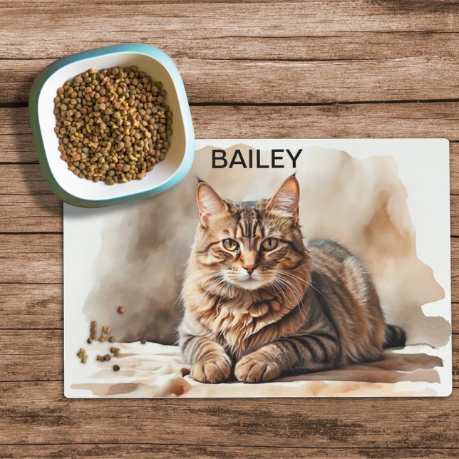 Watercolor Brown Tabby Custom Cat Food Mat (Creator Uploaded)