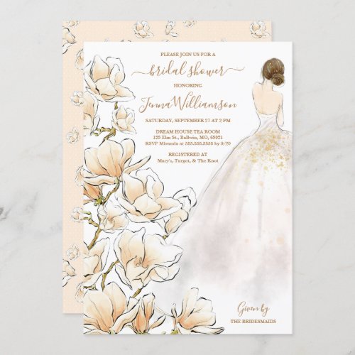 Watercolor Brunette Bride Magnolia Bridal Shower Invitation