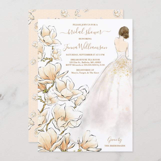 Watercolor Brunette Bride Magnolia Bridal Shower Invitation (Front/Back)