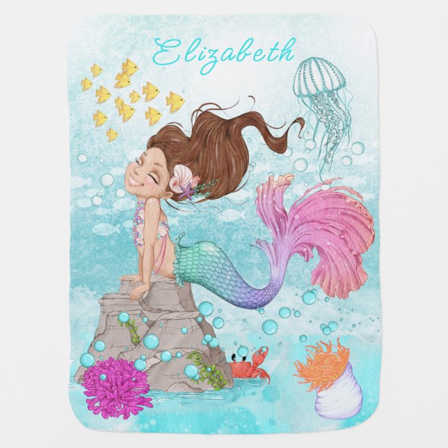 Watercolor Brunette Little Mermaid with Starfish  Baby Blanket (Front)