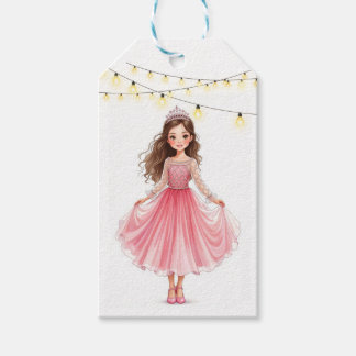Watercolor brunette princess dancing in pink gift tags