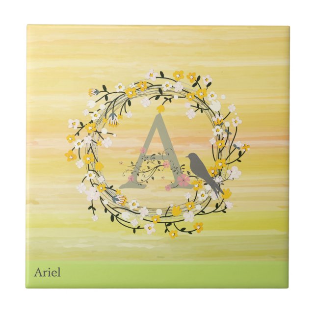 Watercolor Brush Lines, Spring Wreath Monogram Ceramic Tile (Front)