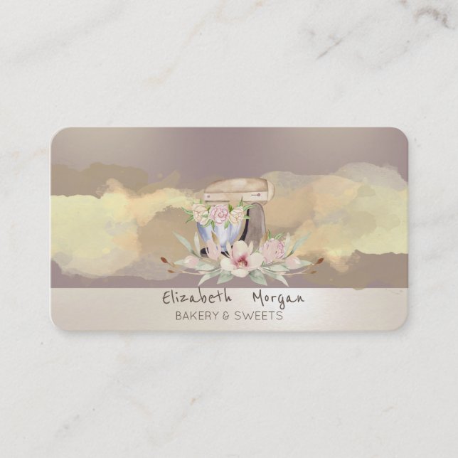 Watercolor Brush Stroke Flowers Retro Cake Mixer Business Card (Front)