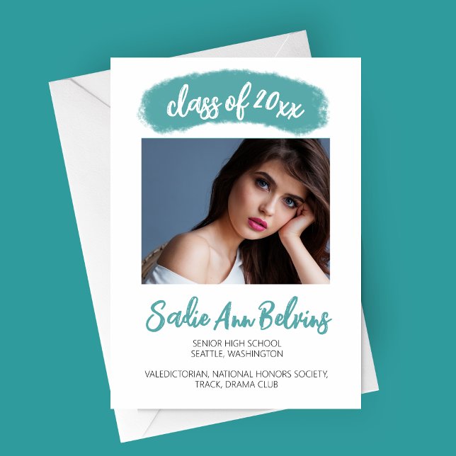 Watercolor Brush Stroke Graduation Announcement (Watercolor Brush Stroke Modern Graduation Photo Announcement Card)