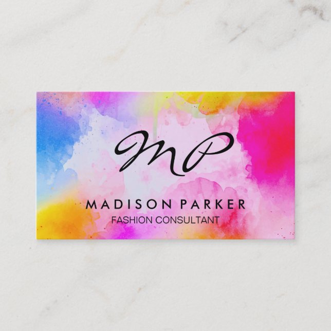 Watercolor Brushed Monogram Business Card (Front)