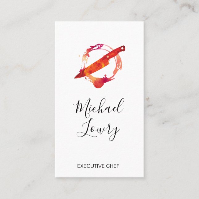 Watercolor Brushed Wine Stain Flaming Knife Business Card (Front)