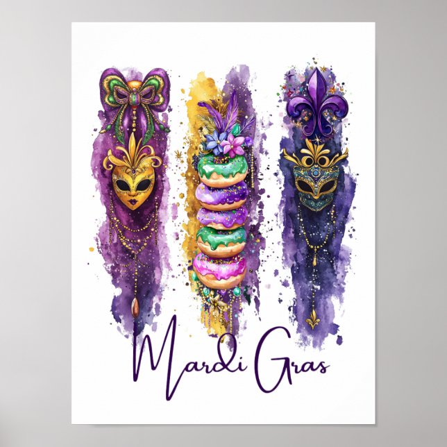 Watercolor Brushstrokes Fat Tuesday Mardi Gras  Poster (Front)