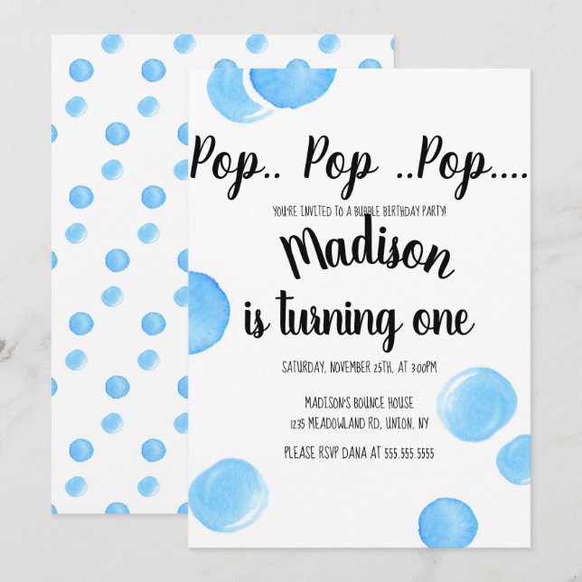 Watercolor Bubbles Pop Pop Pop Birthday  Invitation (Front/Back)