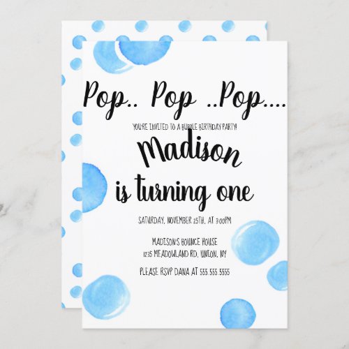 Watercolor Bubbles Pop Pop Pop Birthday  Invitation