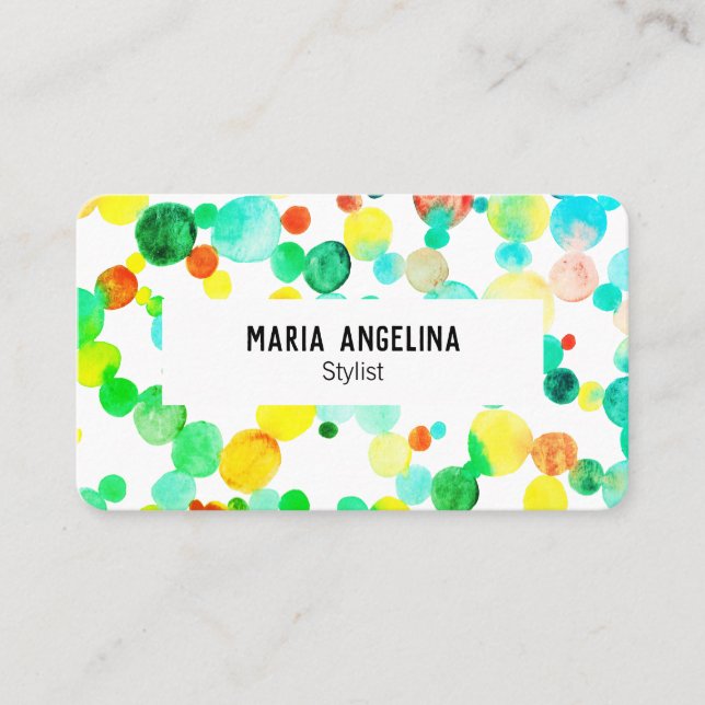 Watercolor Bubbles Spots & Dots Yellow Blue Green Business Card (Front)