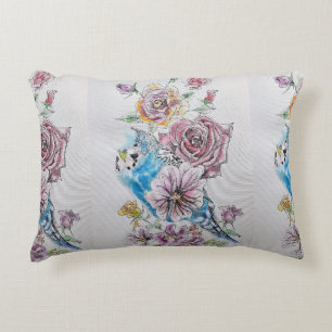 Watercolor Budgie painting Bird & Roses Cushion