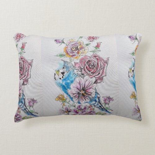 Watercolor Budgie painting Bird  Roses Cushion