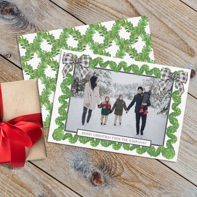 Watercolor Buffalo Plaid Black Bow Garland Photo Holiday Card (Creator Uploaded)