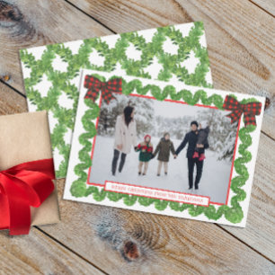 Watercolor Buffalo Plaid Red Bow Garland Photo Holiday Card