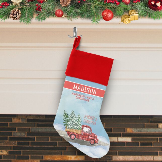 Watercolor Buffalo Plaid Red Truck Snow Family Christmas Stocking (watercolor buffalo plaid red truck with trees and snow family Christmas stocking)