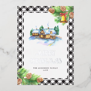 Watercolor Buffalo Plaid Silver Foil Holiday Card