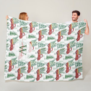 Watercolor Buffalo Plaid Vintage Truck Christmas Fleece Blanket
