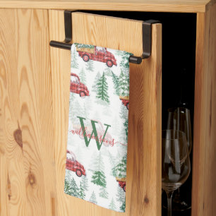 Watercolor Buffalo Plaid Vintage Truck Christmas Kitchen Towel