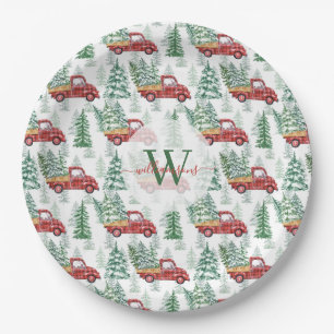 Watercolor Buffalo Plaid Vintage Truck Christmas Paper Plates