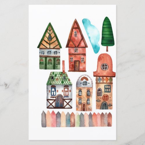 Watercolor buildings trees to cut out and collage