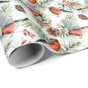 Watercolor Bulfinch Pine Cones Christmas Holiday Wrapping Paper