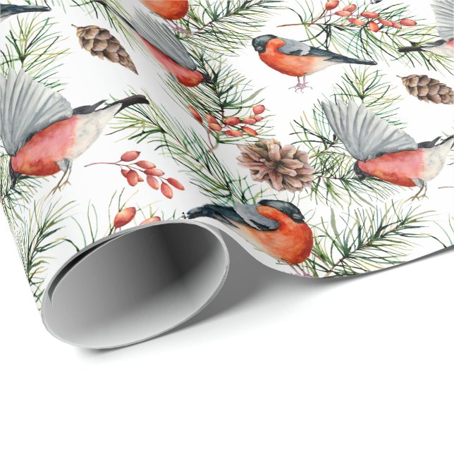 Watercolor Bulfinch Pine Cones Christmas Holiday Wrapping Paper (Roll Corner)