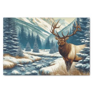 Watercolor Bull Elk by Stream Tissue Paper
