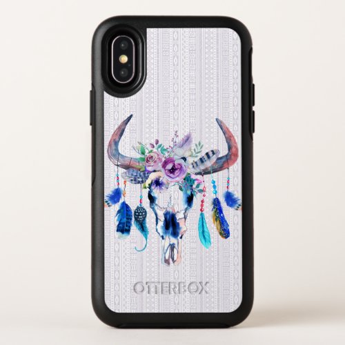 Watercolor Bull Head Skull Flowers And Feathers OtterBox Symmetry iPhone X Case