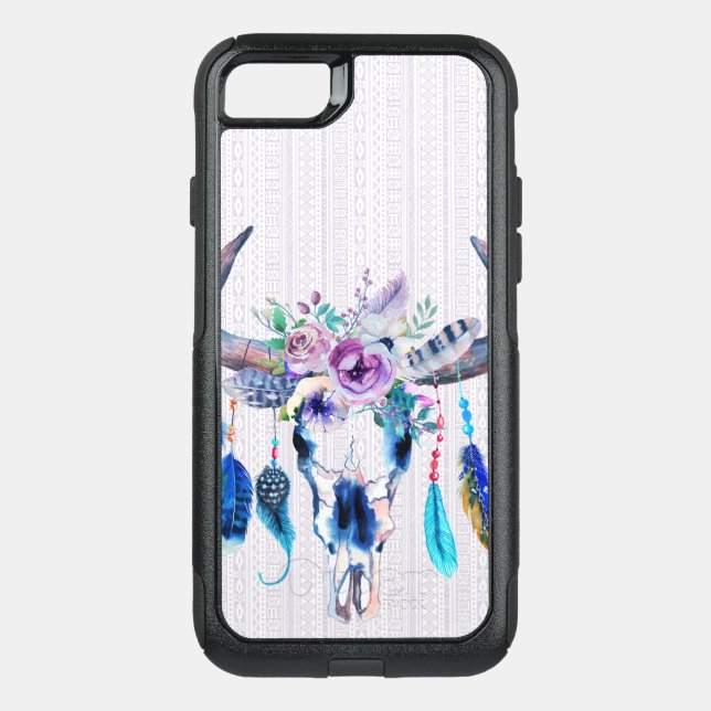Watercolor Bull Head Skull Flowers Otterbox iPhone Case (Back)