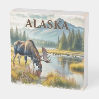 Watercolor Bull Moose in Alaska Wood Box Sign