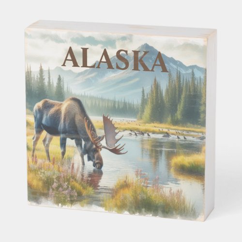 Watercolor Bull Moose in Alaska Wood Box Sign