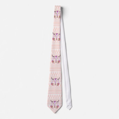 Watercolor Bull Skull Feathers and Arrow Aztec Neck Tie