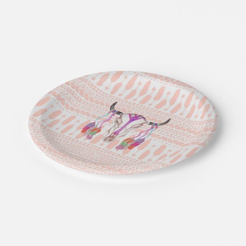 Watercolor Bull Skull Feathers and Arrow Aztec Paper Plates