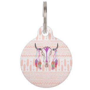 Watercolor Bull Skull Feathers and Arrow Aztec Pet ID Tag