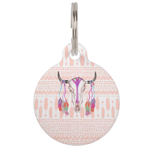 Watercolor Bull Skull Feathers and Arrow Aztec Pet ID Tag