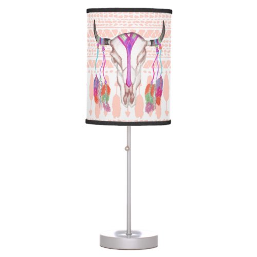 Watercolor Bull Skull Feathers and Arrow Aztec Table Lamp