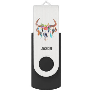Watercolor Bull Skull Flash Drive