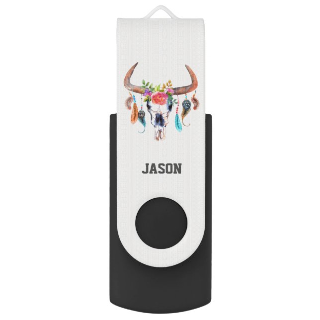 Watercolor Bull Skull Flash Drive (Front Vertical)