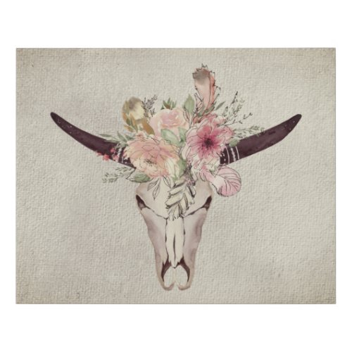 Watercolor Bull Skull WFloral Crown Textured  Faux Canvas Print