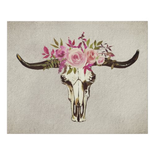 Watercolor Bull Skull WFlower Crown Textured Faux Canvas Print