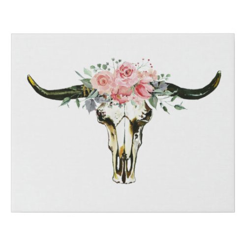 Watercolor Bull Skull WPink Rose Crown Canvas