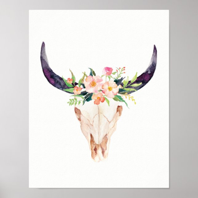 Watercolor Bull Skull with Pink Flowers Poster (Front)