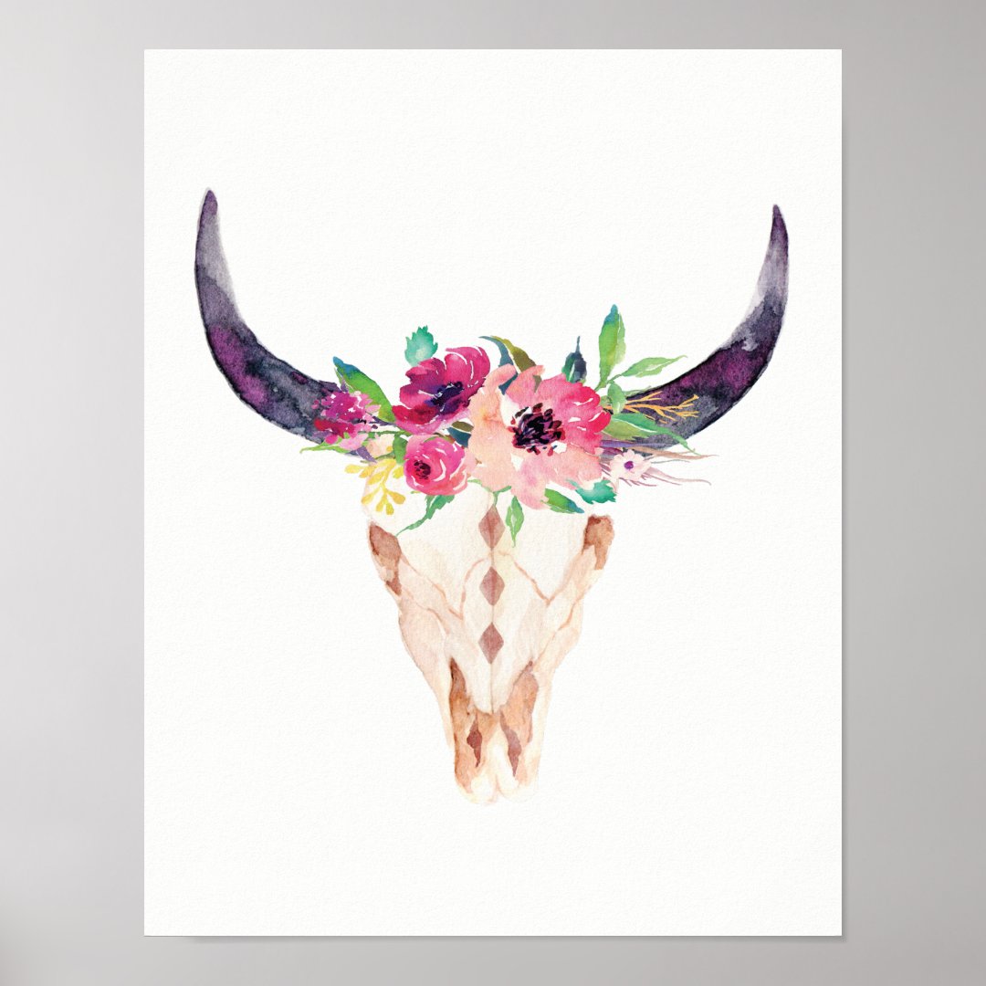 Watercolor Bull Skull with Purple and Pink Flowers Poster | Zazzle