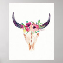 Watercolor Bull Skull with Purple and Pink Flowers