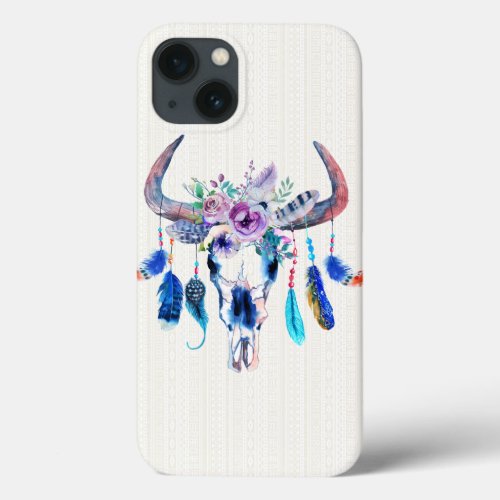 Watercolor Bull Skull With Purple Flowers iPhone 13 Case