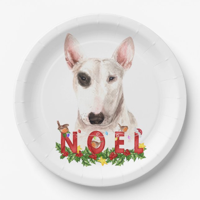 Watercolor Bull Terrier Noel Christmas  Paper Plates (Front)