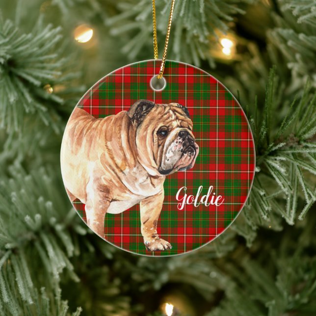 Watercolor Bulldog Personalized Ceramic Ornament (Tree)