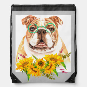 Watercolor Bulldog & Sunflowers Drawstring Bag